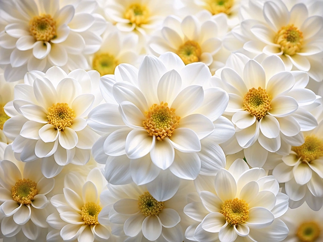 A close-up view of multiple white flowers with yellow centers, creating a soft and serene composition filled with delicate petals.