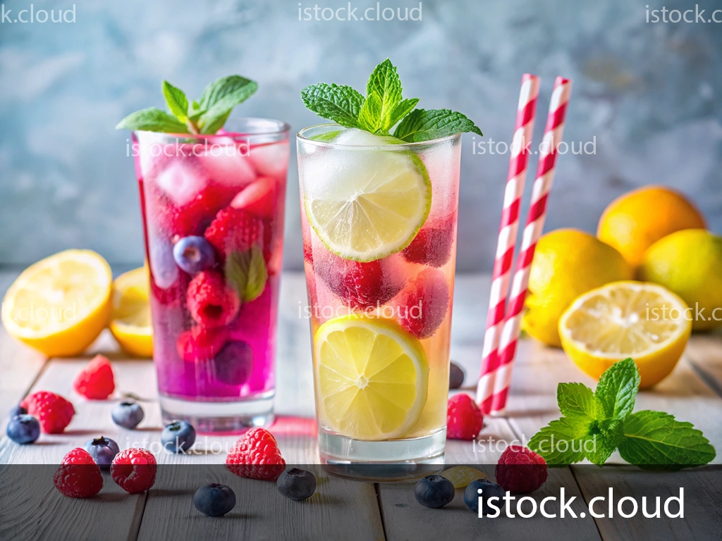 Two tall glasses of colorful berry and citrus mocktails garnished with mint leaves. One glass contains red fruits and ice, while the other is filled with lemon slices and raspberries. Lemon halves and whole fruits are in the background, scattered with fresh berries.
