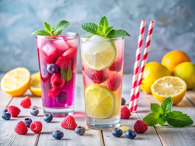 Two tall glasses of colorful berry and citrus mocktails garnished with mint leaves. One glass contains red fruits and ice, while the other is filled with lemon slices and raspberries. Lemon halves and whole fruits are in the background, scattered with fresh berries.