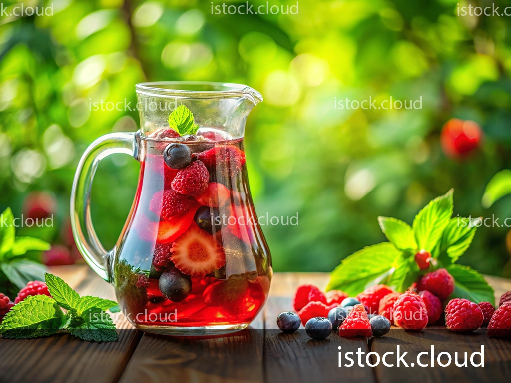 A glass pitcher filled with a vibrant berry-infused drink, featuring strawberries, blueberries, and raspberries, garnished with a mint leaf. The pitcher is placed on a wooden table with fresh berries scattered around, set against a blurred green background.
