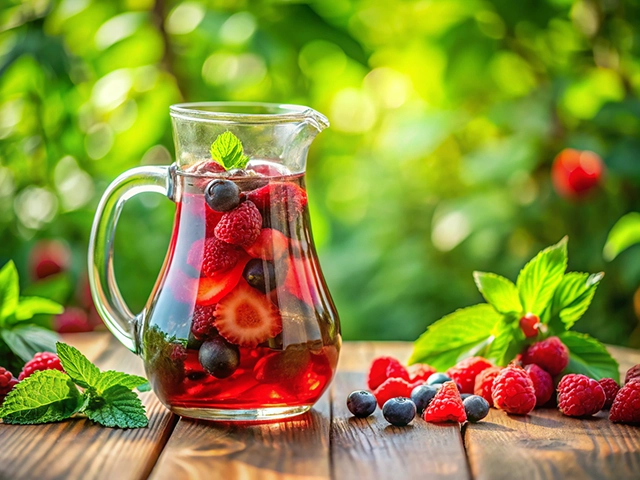 A glass pitcher filled with a vibrant berry-infused drink, featuring strawberries, blueberries, and raspberries, garnished with a mint leaf. The pitcher is placed on a wooden table with fresh berries scattered around, set against a blurred green background.