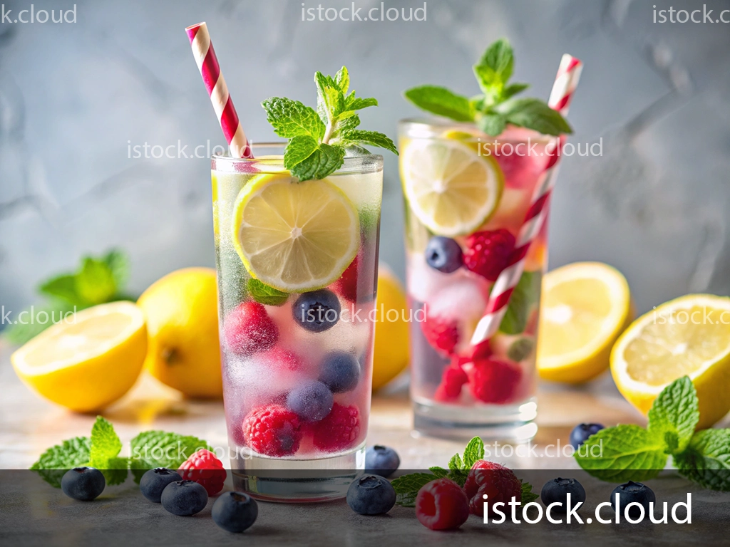 Two tall glasses of refreshing fruit-infused lemonade are filled with ice, lemon, mint leaves, and a mix of raspberries and blueberries. One glass has a red and white striped straw. In the background, halved lemons and scattered berries complement the drinks.