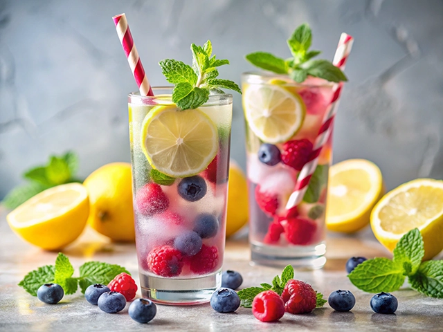 Two tall glasses of refreshing fruit-infused lemonade are filled with ice, lemon, mint leaves, and a mix of raspberries and blueberries. One glass has a red and white striped straw. In the background, halved lemons and scattered berries complement the drinks.