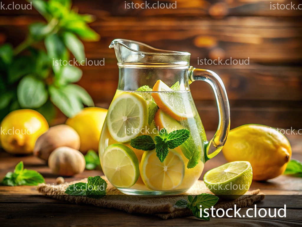 A glass pitcher filled with citrus slices of lemon and lime, garnished with fresh mint, placed on a wooden table next to whole lemons and nuts.