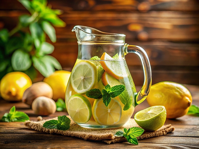 A glass pitcher filled with citrus slices of lemon and lime, garnished with fresh mint, placed on a wooden table next to whole lemons and nuts.