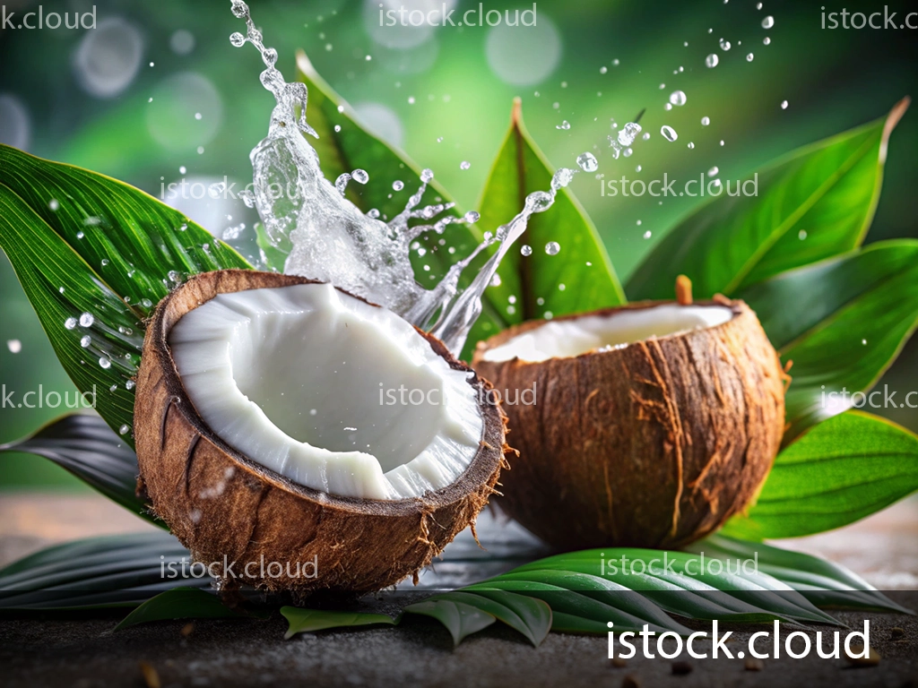 Two halved coconuts surrounded by green leaves, with water splashing up from one of the coconuts.