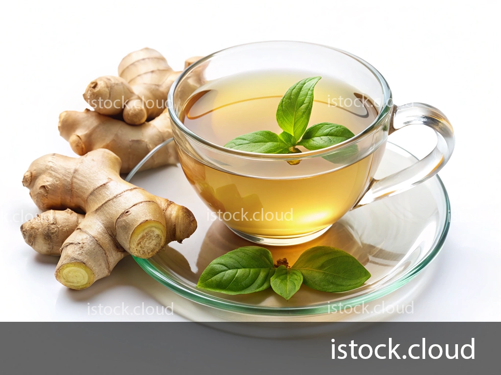 A clear glass cup filled with ginger tea, garnished with fresh basil leaves, placed on a glass saucer alongside fresh ginger roots.