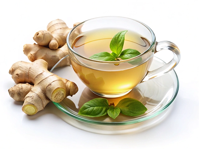 A clear glass cup filled with ginger tea, garnished with fresh basil leaves, placed on a glass saucer alongside fresh ginger roots.