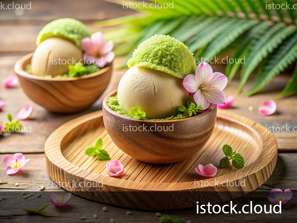 Two wooden bowls containing scoops of green tea and vanilla ice cream, garnished with fresh mint leaves and delicate pink flowers. The bowls are placed on a wooden tray with scattered flowers and a lush green background.