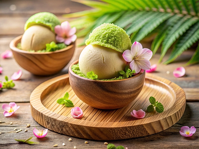 Two wooden bowls containing scoops of green tea and vanilla ice cream, garnished with fresh mint leaves and delicate pink flowers. The bowls are placed on a wooden tray with scattered flowers and a lush green background.