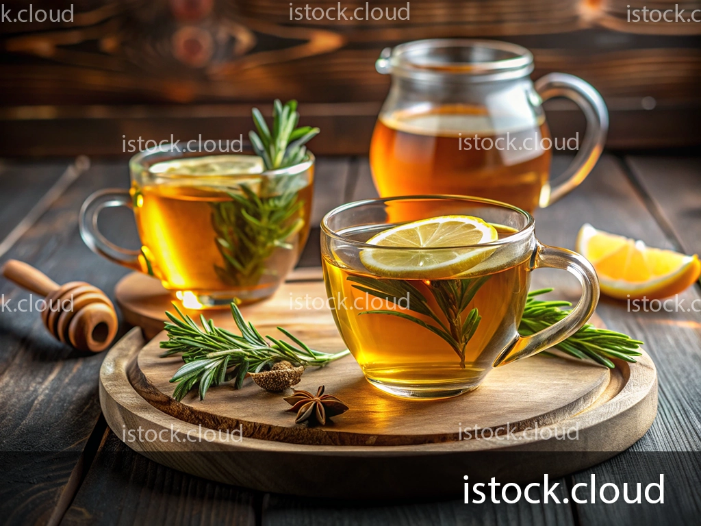 Two glass cups of herbal tea with lemon slices and rosemary, placed on a wooden platter. A honey dipper and a glass pitcher of tea are in the background, along with lemon wedges and sprigs of rosemary.