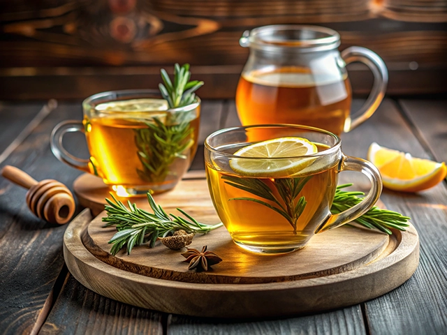Two glass cups of herbal tea with lemon slices and rosemary, placed on a wooden platter. A honey dipper and a glass pitcher of tea are in the background, along with lemon wedges and sprigs of rosemary.