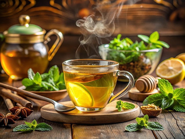 A steaming cup of herbal tea garnished with mint leaves and a slice of lemon, surrounded by fresh herbs, a honey dipper, and spices, set on a wooden table.