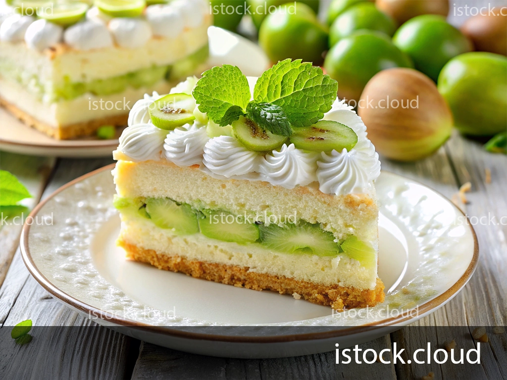A close-up view of a slice of kiwi cream cake on a decorative plate. The cake features layers of soft sponge with green kiwi segments and is topped with whipped cream and fresh mint leaves. In the background are whole green apples and a blurred slice of the cake.