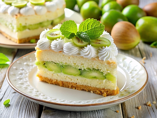 A close-up view of a slice of kiwi cream cake on a decorative plate. The cake features layers of soft sponge with green kiwi segments and is topped with whipped cream and fresh mint leaves. In the background are whole green apples and a blurred slice of the cake.