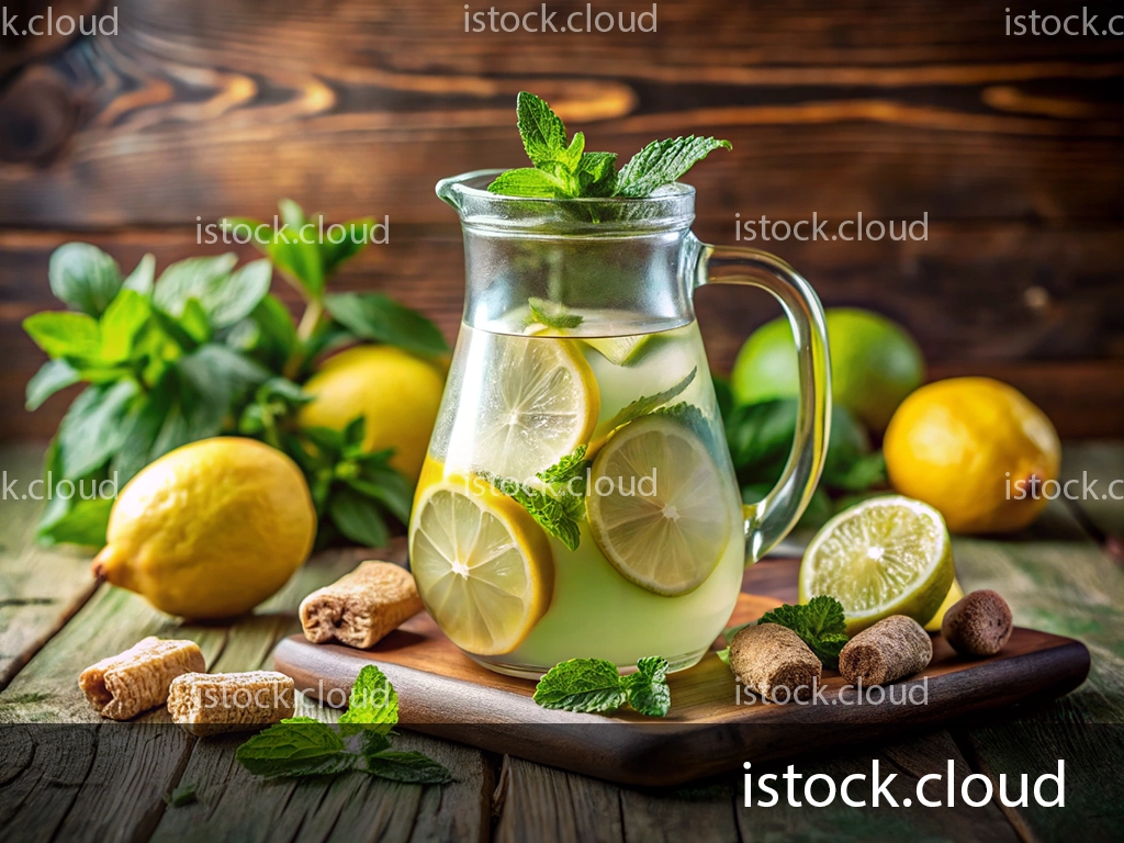 A glass pitcher filled with a lemon-mint beverage featuring slices of lemon and fresh mint leaves, surrounded by whole lemons and other ingredients on a wooden table.
