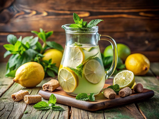 A glass pitcher filled with a lemon-mint beverage featuring slices of lemon and fresh mint leaves, surrounded by whole lemons and other ingredients on a wooden table.