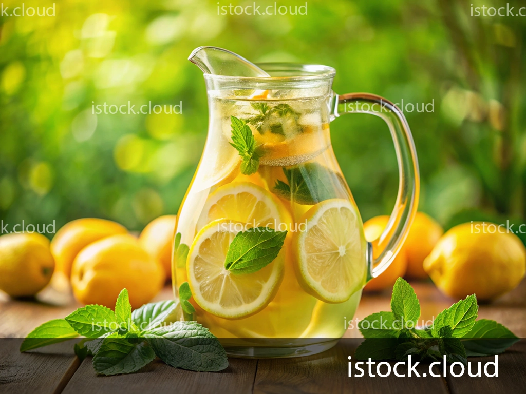 A clear glass pitcher filled with lemon slices and fresh mint leaves, sitting on a wooden table with lemons scattered in the background. The background features a soft green bokeh effect, emphasizing the refreshing nature of the beverage.