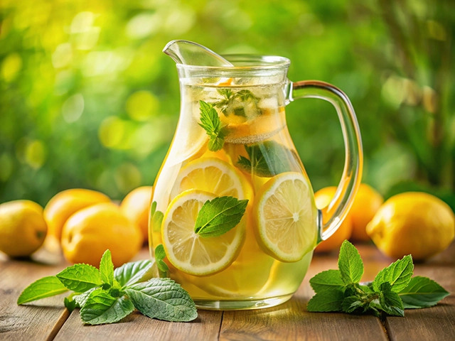 A clear glass pitcher filled with lemon slices and fresh mint leaves, sitting on a wooden table with lemons scattered in the background. The background features a soft green bokeh effect, emphasizing the refreshing nature of the beverage.