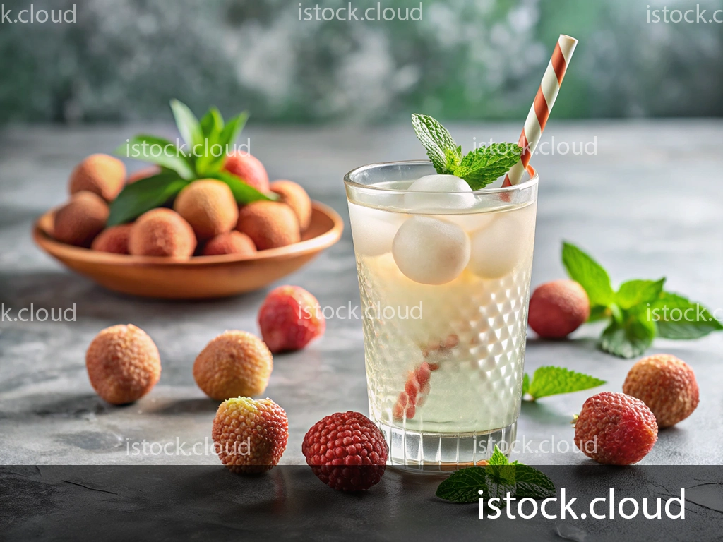 A refreshing drink featuring lychee fruits and mint leaves, served in a glass with a striped straw. In the background, a bowl holds more lychee fruits with green mint leaves.