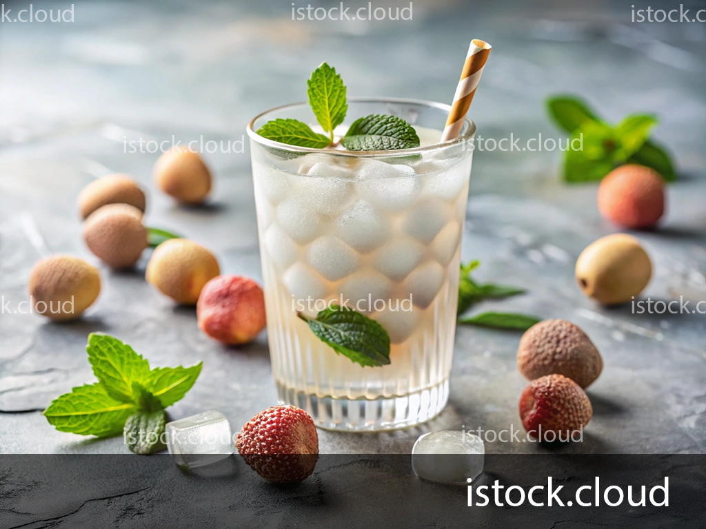 A refreshing Drink made with lychee and mint, served in a clear glass with ice and a striped straw. Surrounding the glass are fresh lychee fruits and mint leaves on a textured surface.
