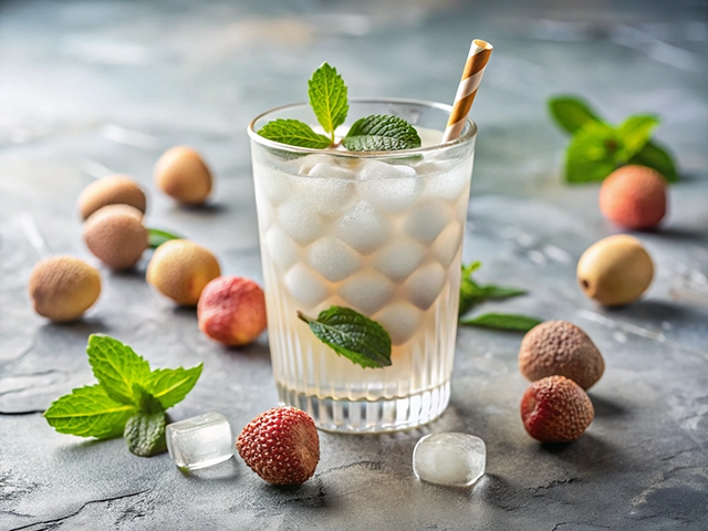 A refreshing Drink made with lychee and mint, served in a clear glass with ice and a striped straw. Surrounding the glass are fresh lychee fruits and mint leaves on a textured surface.