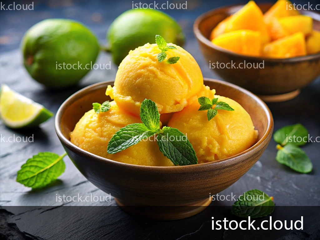 A bowl of mango ice cream topped with mint leaves, surrounded by fresh lime slices and mango chunks, set on a dark stone surface.