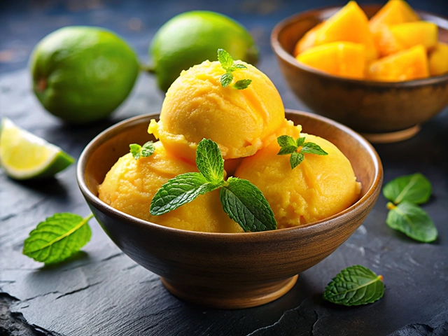 A bowl of mango ice cream topped with mint leaves, surrounded by fresh lime slices and mango chunks, set on a dark stone surface.