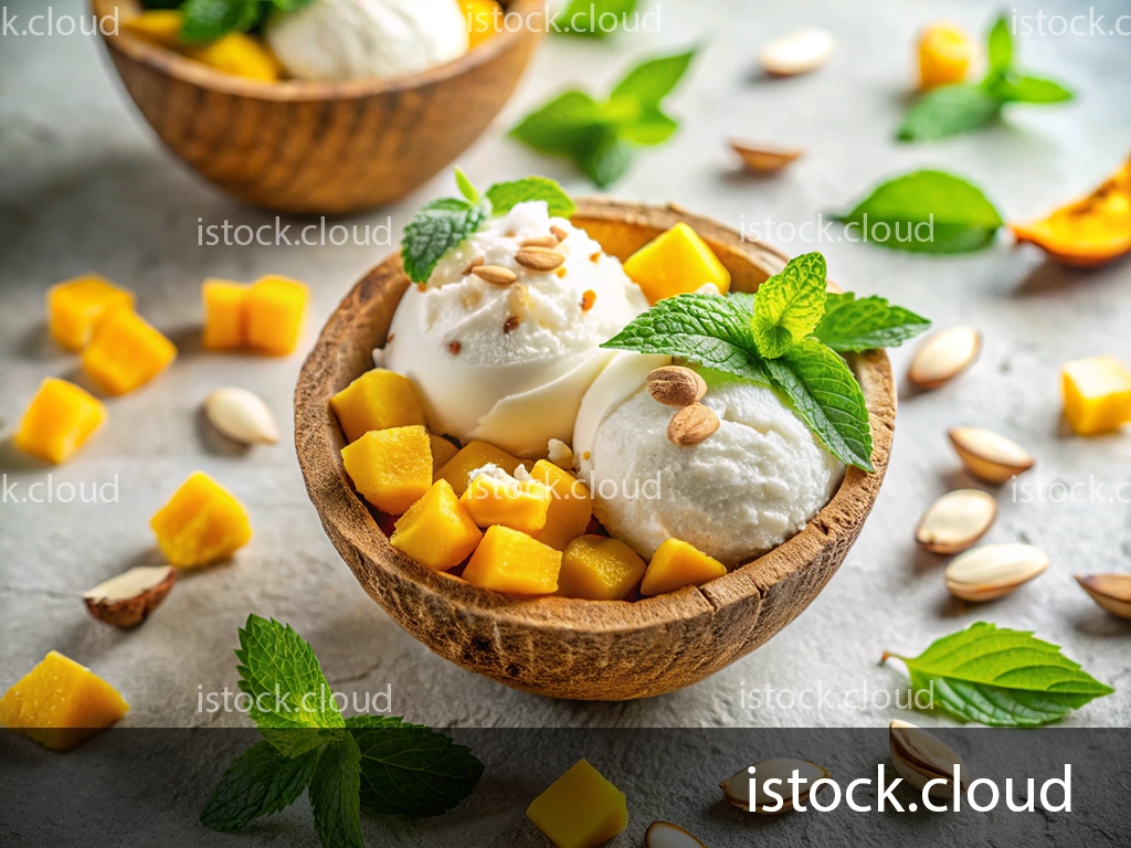 A wooden bowl filled with diced mango pieces, topped with two scoops of vanilla ice cream. The dessert is garnished with fresh mint leaves and roasted pine nuts. Surrounding the bowl are scattered mango cubes, mint leaves, and various seeds.