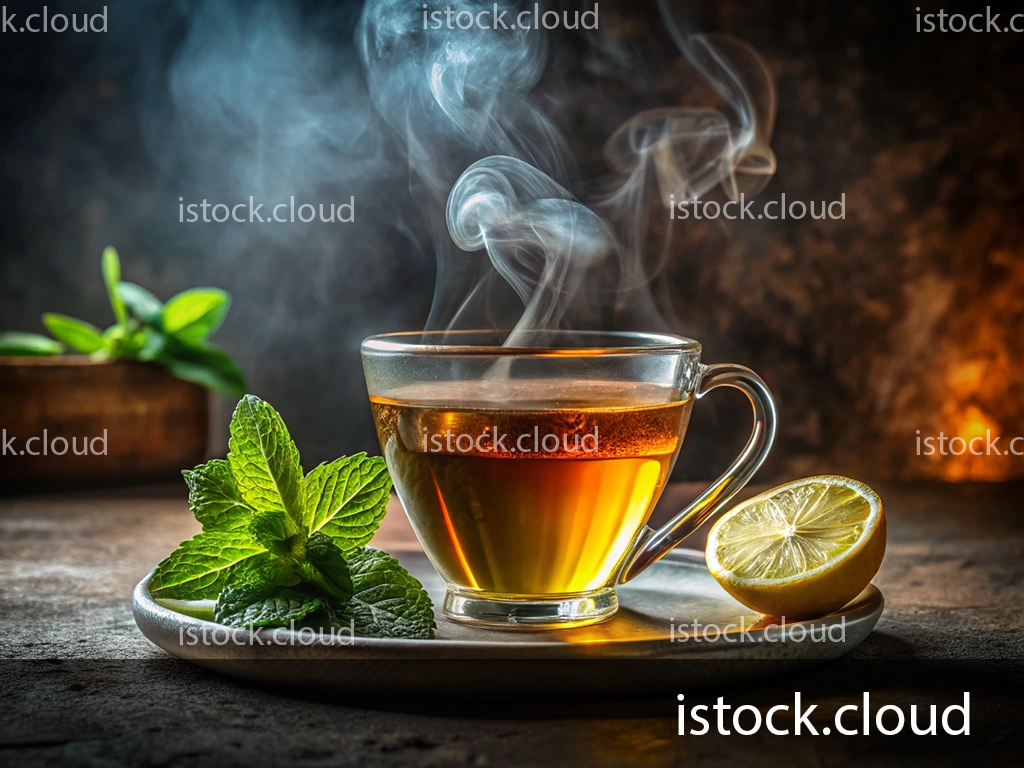 A steaming cup of mint tea on a plate, accompanied by fresh mint leaves and a half slice of lemon, set against a textured background.