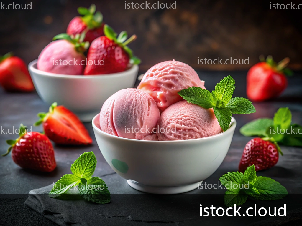A bowl of strawberry ice cream scoops garnished with mint leaves, surrounded by fresh strawberries on a dark background.