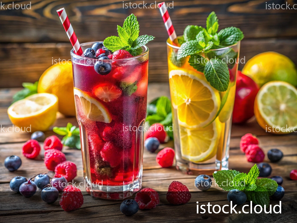 Two tall glasses of vibrant drinks; one with red berries and lemon slices garnished with mint, and the other with lemon slices and mint. Surrounded by fresh raspberries, blueberries, and citrus fruits on a wooden table.