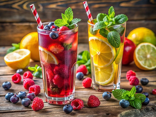 Two tall glasses of vibrant drinks; one with red berries and lemon slices garnished with mint, and the other with lemon slices and mint. Surrounded by fresh raspberries, blueberries, and citrus fruits on a wooden table.
