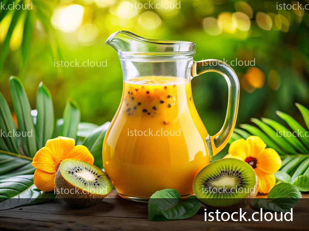 A glass jug filled with vibrant orange juice sits on a wooden surface, surrounded by slices of kiwi, tropical flowers, and green leaves. The background features a soft, blurred garden setting.