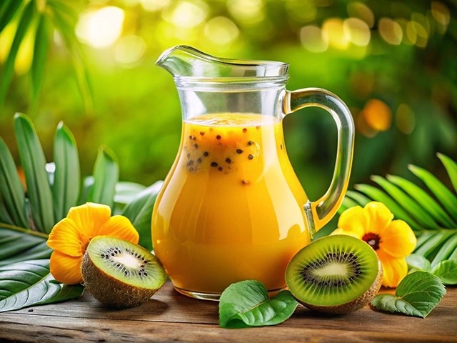 A glass jug filled with vibrant orange juice sits on a wooden surface, surrounded by slices of kiwi, tropical flowers, and green leaves. The background features a soft, blurred garden setting.