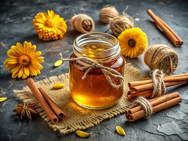 A jar of honey tied with twine sits on a burlap mat, surrounded by cinnamon sticks, dried flowers, and decorative twine balls, creating a warm, rustic atmosphere.
