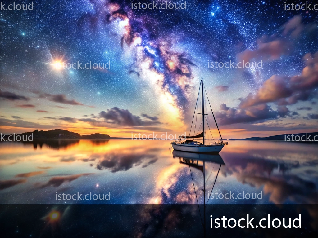 A serene landscape featuring a calm body of water reflecting a stunning night sky filled with stars, including the Milky Way. A solitary sailboat is anchored in the foreground, with vibrant colors from sunset hues blending into the deep blues and purples of the galaxy above. Silhouetted hills are visible in the distance.