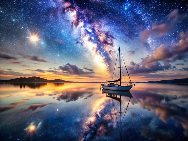 A serene landscape featuring a calm body of water reflecting a stunning night sky filled with stars, including the Milky Way. A solitary sailboat is anchored in the foreground, with vibrant colors from sunset hues blending into the deep blues and purples of the galaxy above. Silhouetted hills are visible in the distance.