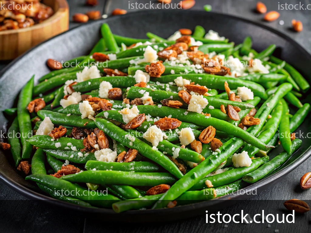 A close-up view of a black plate filled with fresh green beans topped with toasted nuts and crumbled feta cheese, garnished with scattered nuts in the background.