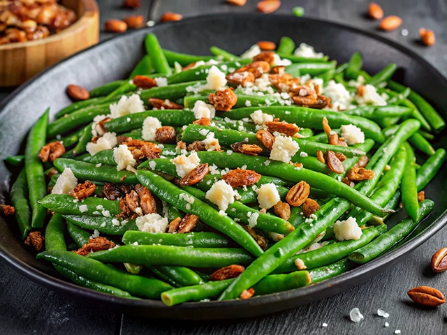 A close-up view of a black plate filled with fresh green beans topped with toasted nuts and crumbled feta cheese, garnished with scattered nuts in the background.