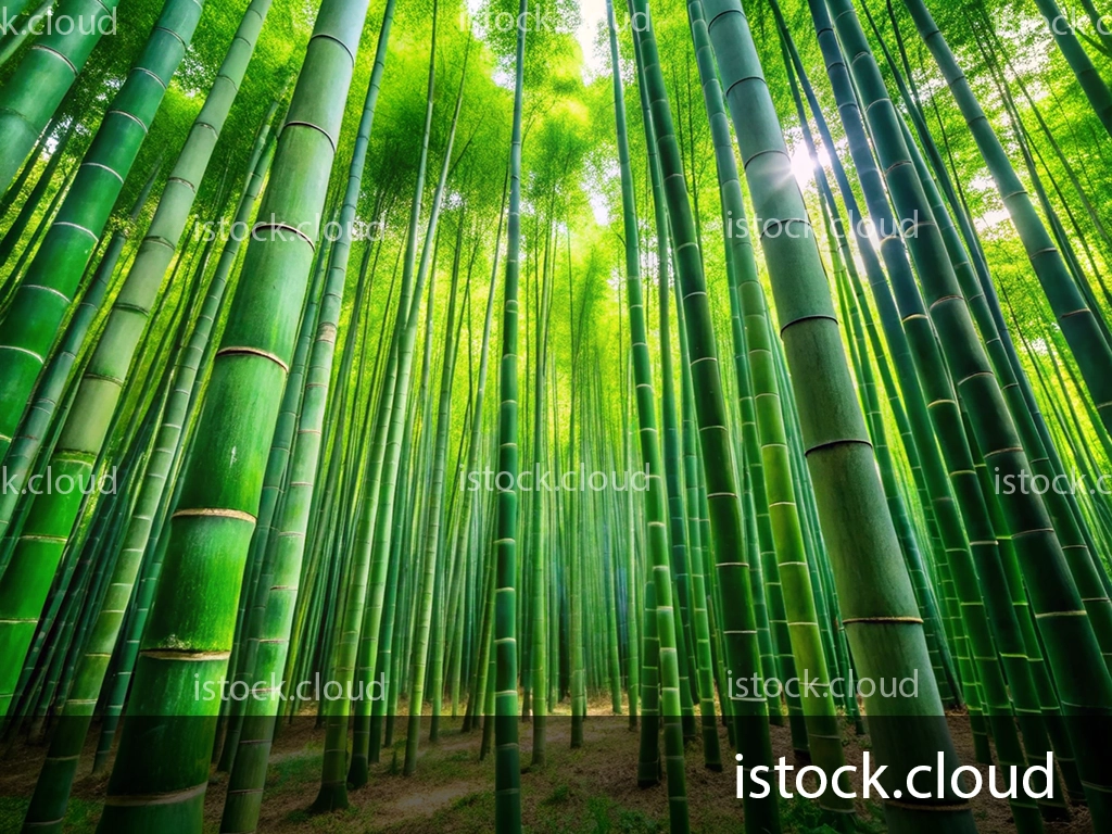 A serene bamboo forest with tall, slender green bamboo stalks reaching upward toward a bright sky. Sunlight filters through the leaves, creating a tranquil and lush atmosphere.