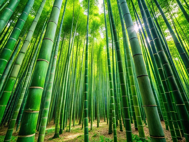 A serene bamboo forest with tall, slender green bamboo stalks reaching upward toward a bright sky. Sunlight filters through the leaves, creating a tranquil and lush atmosphere.