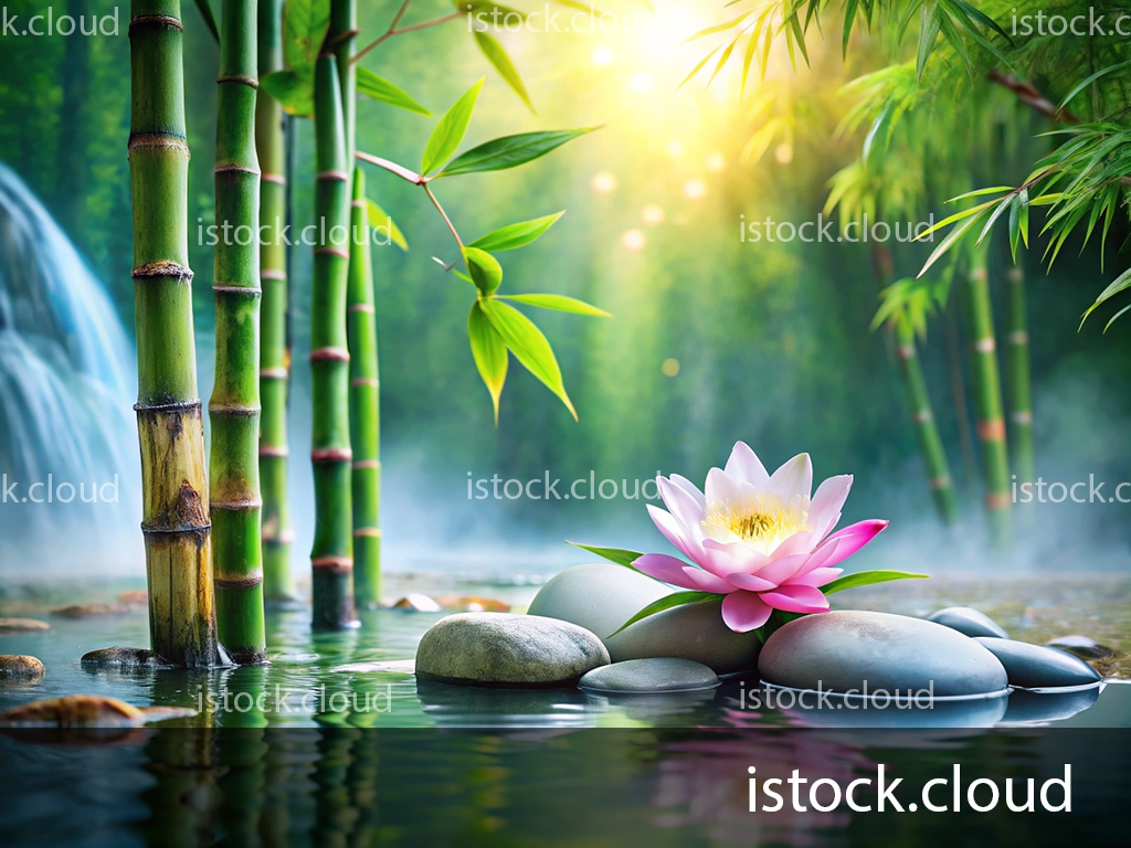 A serene landscape featuring tall green bamboo stalks beside a tranquil body of water. In the foreground, a pink lotus flower blooms atop smooth stones, with gentle ripples in the water reflecting soft light filtering through the foliage. A small waterfall is visible in the background, creating a peaceful atmosphere.