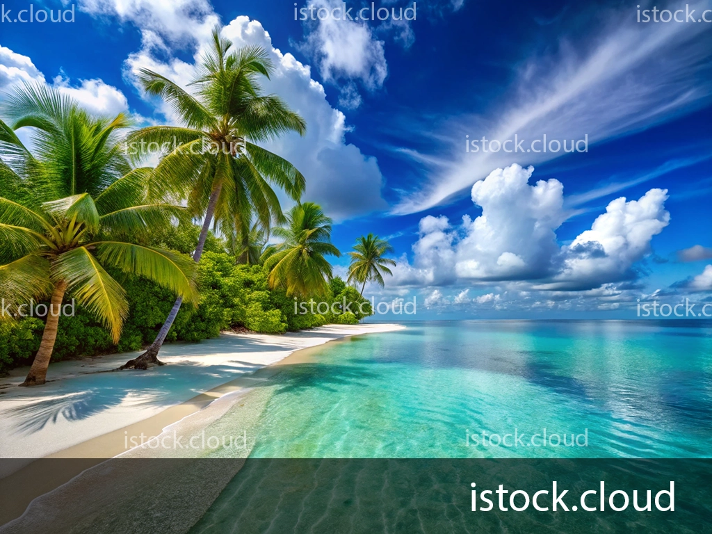 A picturesque view of a tropical beach featuring palm trees, soft white sand, and crystal-clear turquoise waters. The sky is bright blue with fluffy white clouds scattered throughout.