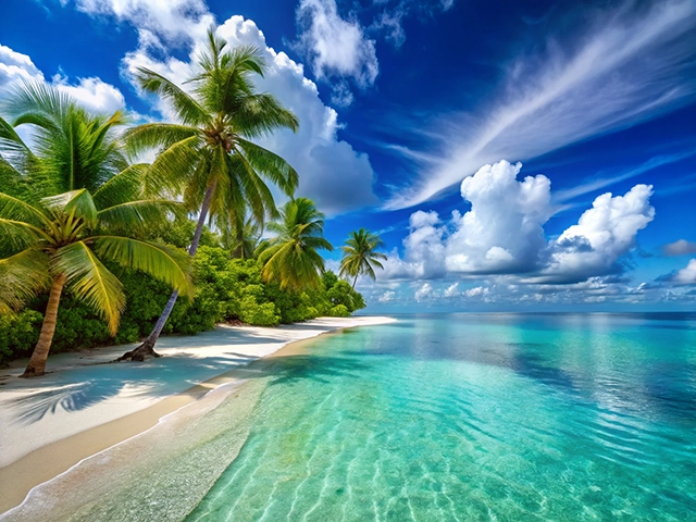 A picturesque view of a tropical beach featuring palm trees, soft white sand, and crystal-clear turquoise waters. The sky is bright blue with fluffy white clouds scattered throughout.
