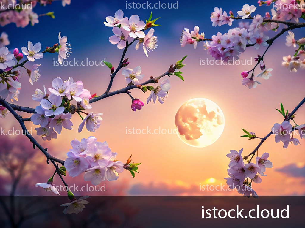 Cherry blossom branches blooming against a twilight sky with a full moon illuminating the scene.