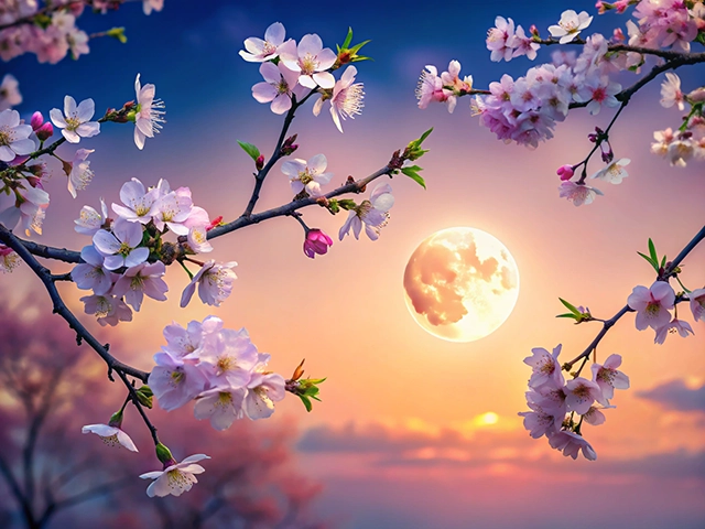 Cherry blossom branches blooming against a twilight sky with a full moon illuminating the scene.