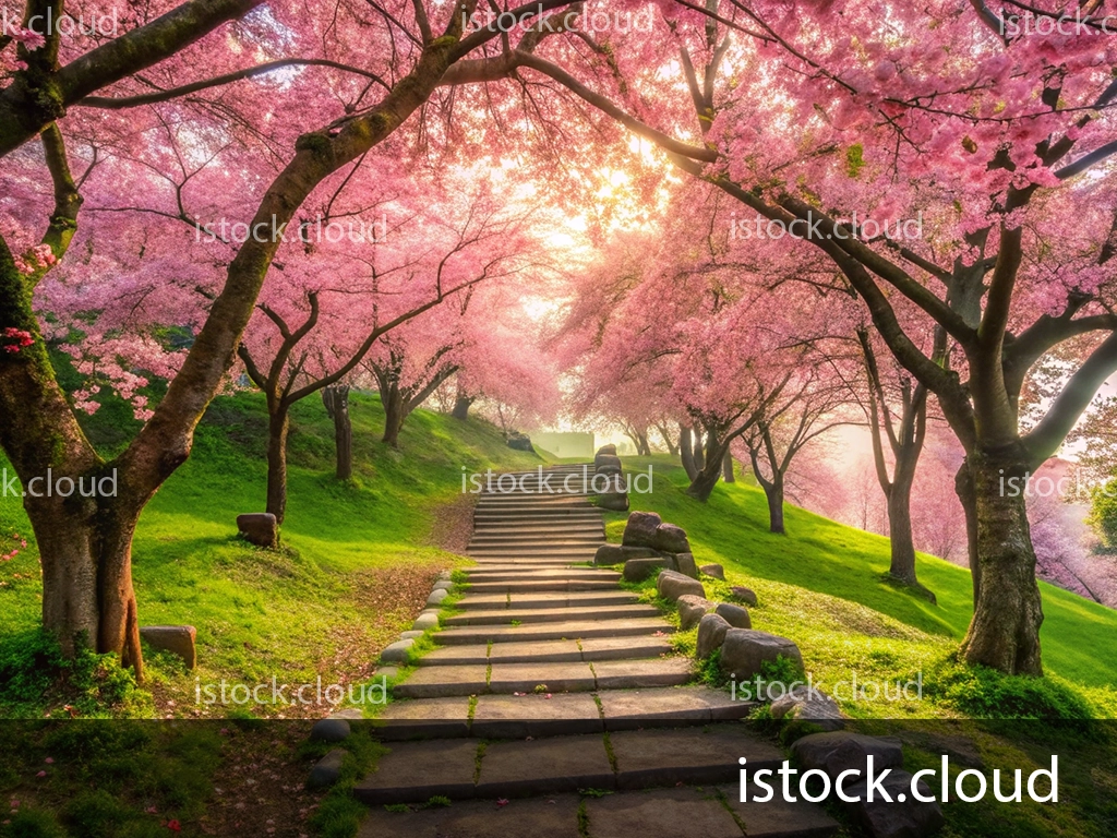 A tranquil pathway lined with blooming cherry blossom trees, featuring pink flowers and greenery, leading into a sunlit area.