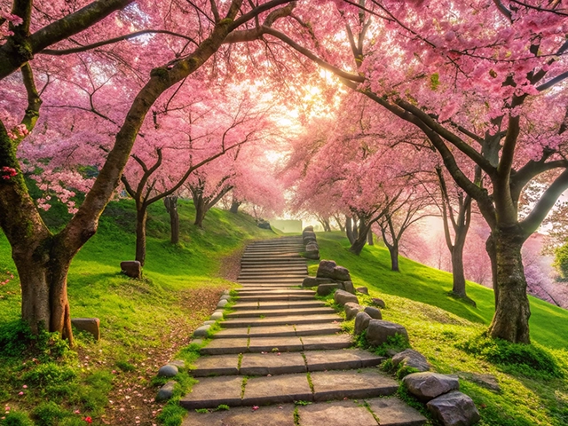 A tranquil pathway lined with blooming cherry blossom trees, featuring pink flowers and greenery, leading into a sunlit area.