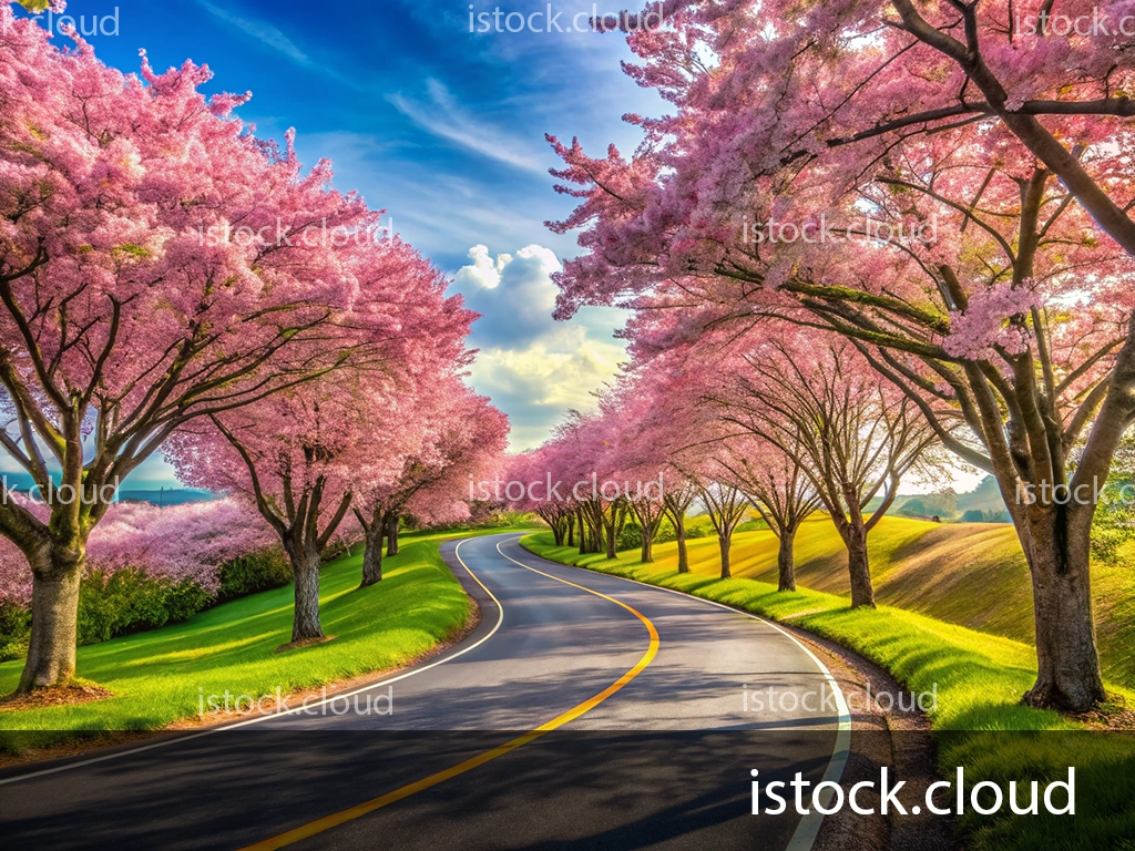 A winding road lined with vibrant pink cherry blossom trees under a bright blue sky, creating a picturesque spring landscape.